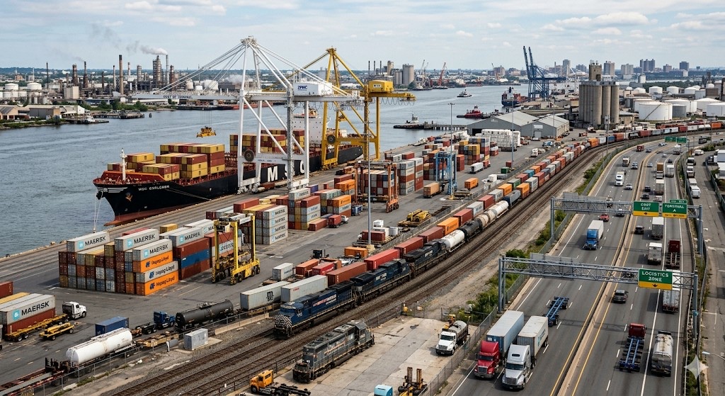 Container terminal and port cranes from above